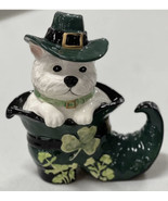 Blue Sky Clayworks St. Patrick&#39;s Day White Fluffy Dog in Boot Heather Go... - $54.99