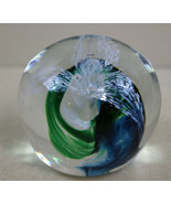 Jerpoint Studios Ireland Art Glass Paperweight Blue Green Swirl White Fl... - $41.57 CAD
