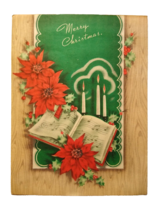 Merry Christmas Greeting Card Vintage Song Book Candles Glitter Mid Century - £6.93 GBP