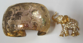 Vintage Gold-tone Rhinestone Elephant Brooch &amp; Gold-tone Elephant Cuff B... - $24.26