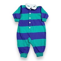 Vtg Lands End Teal Purple Striped One Piece Romper Rugby Button Collar U... - $29.21