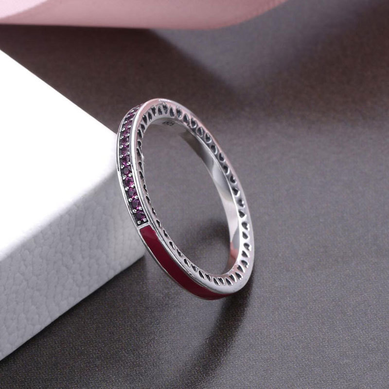 925 Sterling Silver Radiant Hearts,Orchid Enamel & Cerise CZ Ring QJCB1185