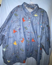 New Direction Womens 5xL Blue Embroidered Buttons Palm Trees Dancing Denim Shirt - £20.24 GBP