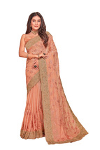 Designer Peach Resham Zari Embroidery Work Sari Crepe Silk Party Wear Saree - £71.14 GBP