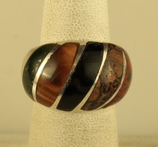 Vintage Sterling Silver Signed Mexico Taxco Multi Stone Inlay Dome Ring sz 6 1/4 - £58.40 GBP