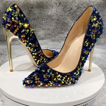 Blue Bling Sequins Women Sexy Extremely High Heels Pointed Toe Slip On Stiletto  - £59.73 GBP