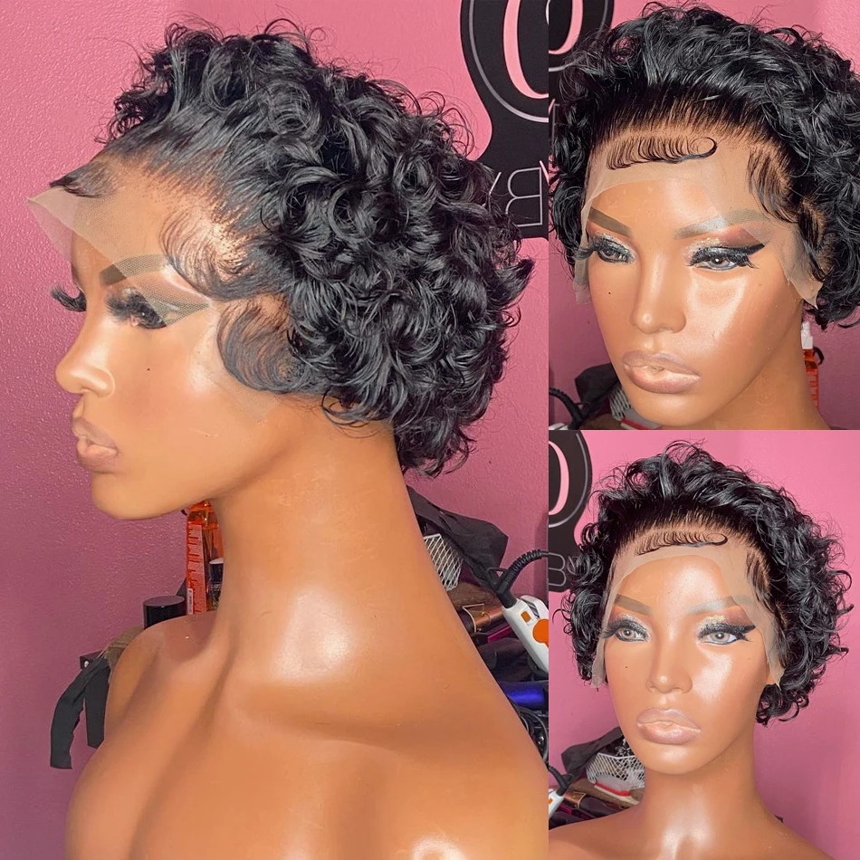 Pixie Cut Wig Short Curly T Part Lace Human Hair Wig For Women 99J Burgundy De - £29.83 GBP+