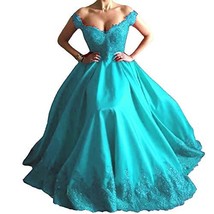 Beaded Lace Off The Shoulder Formal Long Prom Dress Evening Gown Aqua Blue US 2 - £89.39 GBP