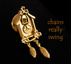 Cuckoo Clock Tie Tack - Vintage Mechanical chains - Time Telling Bird Fa... - £59.95 GBP