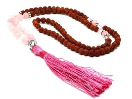 Rose Quartz Necklace Mala Beads Gemstone Rudraksha Buddha Japa Rosary Jewellery - £9.48 GBP