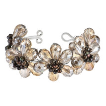 Sparkling Garden of Brown Crystals and Black Pearls Flower Cuff Bracelet - £12.46 GBP
