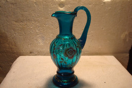 Vintage FENTON New Century Hand Painted Azure Blue Ewer Pitcher Vase SIGNED 9&quot; - £61.09 GBP