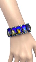 1" W Iridescent Peacock Blue Yellow Stretchable Evening Bracelet Costume Jewelry - $26.60