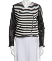 Jenni Kayne SZ 4 Beach Vibes Lamb Leather Jacket Silk Stripe Zip Navy White - £100.16 GBP