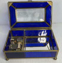 Glass Music Box Clear Etched Lid Mirror Bottom blue glass on sides. Gold Frame - £11.70 GBP
