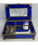 Glass Music Box Clear Etched Lid Mirror Bottom blue glass on sides. Gold... - £11.69 GBP