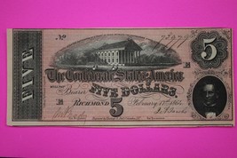 Crisp AU/UNC 1864 Confederate States of America $5 Five Dollars Authenti... - $94.99