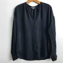 Vince Silk Shirt L Navy Blue Collarless V Neck Long Sleeve Blouse Snap B... - £21.17 GBP