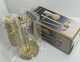 Vintage 3pc Brass Handled Razor &amp; Shaving Brush Set W/ Solid Brass Holde... - $40.19