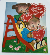 Valentines Day Vintage Greeting Card for Teacher Puppy Dogs with Hearts - $4.74