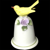 Vintage 80s Porcelain Hand Bell Yellow Canary Bird On Flower Figurine Japan - £17.76 GBP
