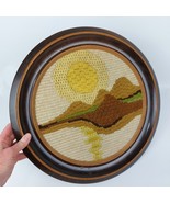 Vintage 70s Embroidered Sunset Landscape Wall Art – Round Framed Textile... - $116.23 CAD