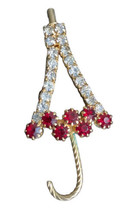 Vintage Red &amp; Clear Rhinestone Umbrella Brooch Gold Tone Pin 2 1/4&quot; - £15.81 GBP
