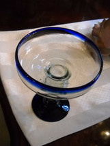 * Margarita Glass Hand Blown Hand Made Cocktail Stemmed Glass Cobalt Blue Trim - £11.98 GBP
