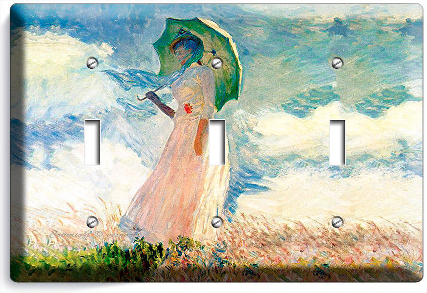 CLAUDE MONET WOMAN WITH A PARASOL PAINTING TRIPLE LIGHT SWITCH PLATES ROOM DECOR