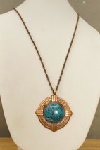 Vintage MCM Southwest Solid Copper Stamped Faux Turquoise Pendant Necklace - $28.95