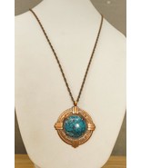 Vintage MCM Southwest Solid Copper Stamped Faux Turquoise Pendant Necklace - £22.64 GBP