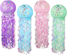 Mermaid Hanging Jellyfish Paper Lanterns 4 Pack, Mermaid Themed Glitter Hanging  - £18.71 GBP