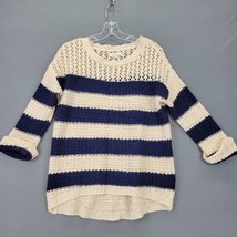JJ Basics Women Sweater Size L Blue Tan Khaki Stripe Rolled 3/4 Sleeves Preppy - £9.84 GBP