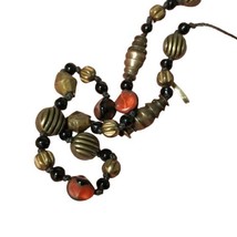 Brass and Stone Necklace Single Strand Cord 28&quot; Textured Fashion Jewelry Woman - £11.94 GBP