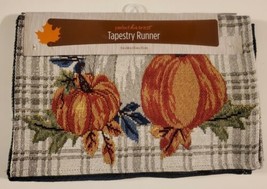 Perfect Harvest Fall Themed Pumpkins &amp; Plaid Tapestry Table Runner 13 in X 68 in - £11.40 GBP