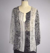 S 4 6 CHICO&#39;S Size 0 Black Gray 3/4 Sleeve Floral Paisley Silk Tunic Top Blouse - £19.80 GBP