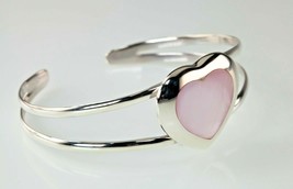 Womens Sterling Silver Pink Mother of Pearl Heart Cuff Bracelet - £76.35 GBP