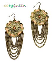 Gorgeous large bronze lace flower cut out hanging chain drop pierced earrings - $9,999.00
