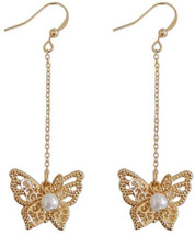 18K Gold Plated Hollow Beads Side Butterfly With Pearls Long Tassel Dangle Drop - £28.53 GBP