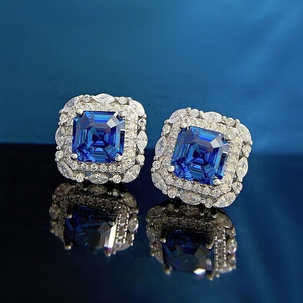 3.00Ct Asscher Cut Lab Created Sapphire Halo Stud Earrings 14K White Gold Plated Item image 7