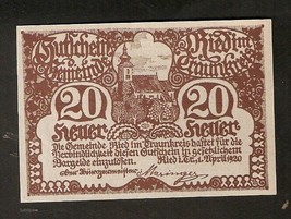 Austria Die Gemeinde RIED im Traunkreis 20 heller 1920 Austrian Notgeld ... - £1.48 GBP