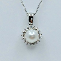 Ladies Pendant 14k White Gold Real Round AAA Pearl 6.5 mm Cubic Zirconia - £124.89 GBP