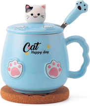 Cute Cat Mug, Novelty Ceramic Coffee Tea Milk Cup with Lovely Kitty Lid, Kawaii - £15.21 GBP
