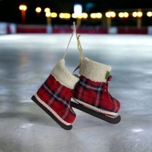 Christmas Red Plaid Fabric Ice Skates Holiday Hanging Decoration Christmas 8&quot; - £28.67 GBP
