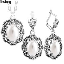 Plum Flower Pendant Rhinestone Oval Pearl Necklace Earrings Jewelry Set Antique  - £9.98 GBP