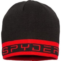 NEW Spyder Men&#39;s Logo Stripe Beanie Hat Fleece Lined Black/Red One Size - £17.45 GBP