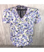 Runway by Cherokee Scrub Large Womens V Neck Textured Floral Short Sleev... - £8.12 GBP