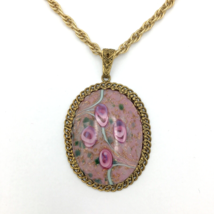 WEST GERMANY pink art glass pendant necklace - vintage 2&quot; oval floral aventurine - $125.00