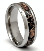 Men&#39;s Titanium Wedding Ring Camouflage Wood Inlay 8mm Comfort Fit Band 7-15 - £19.98 GBP
