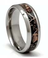 Men&#39;s Titanium Wedding Ring Camouflage Wood Inlay 8mm Comfort Fit Band 7-15 - £19.95 GBP